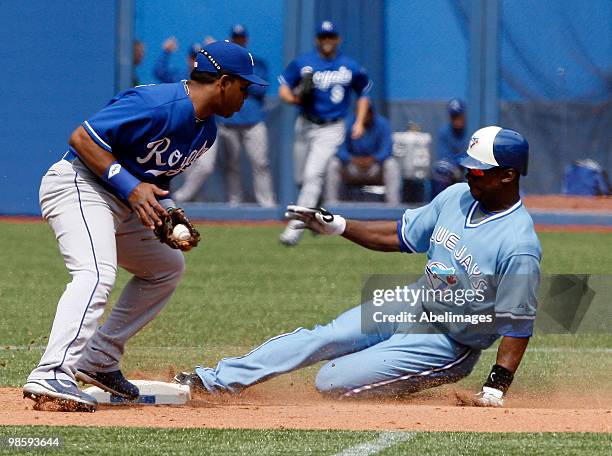 Fred Lewis of the Toronto Blue Jays steals second past Alberto Callaspo of the Kansas City Royals during a MLB game at the Rogers Centre April 21,...