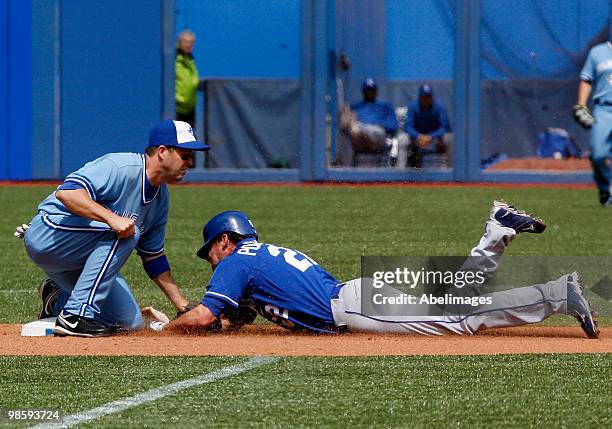 John McDonald of the Toronto Blue Jays picks off Scott Podsednik of the Kansas City Royals during a MLB game at the Rogers Centre April 21, 2010 in...