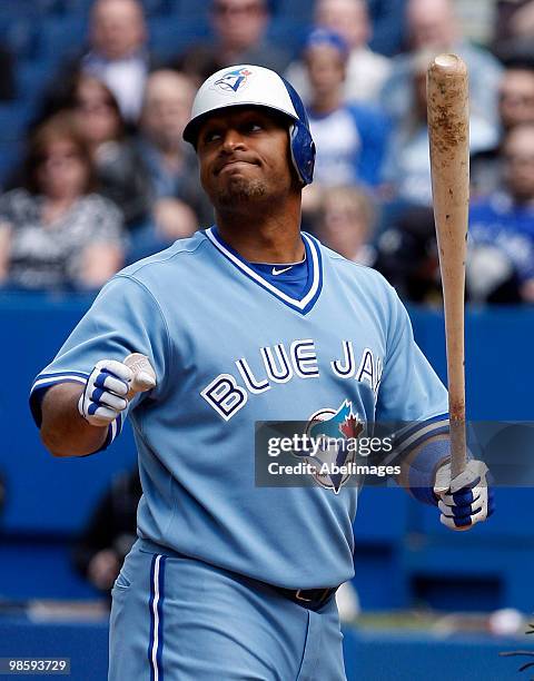 Vernon Wells of the Toronto Blue Jays reacts to a strikeout against the Kansas City Royals during a MLB game at the Rogers Centre April 21, 2010 in...