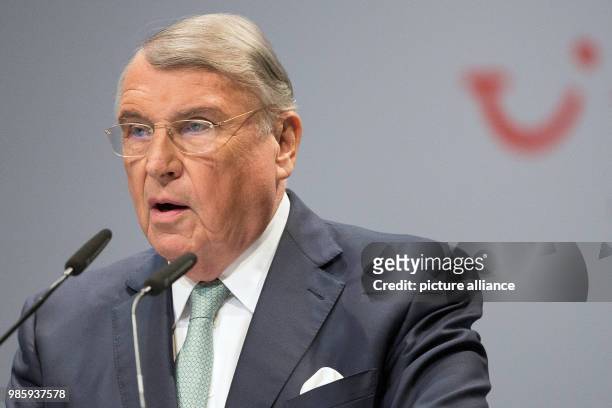 Chairman of TUI's supervisory board Klaus Mangold speaks at the general meeting of tourism company TUI in Hanover, Germany, 13 February 2018. Photo:...