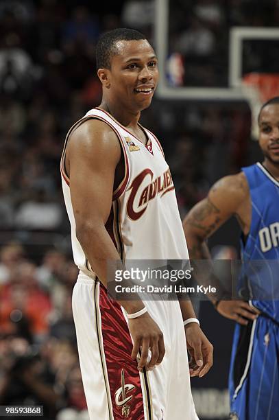 Sebastian Telfair of the Cleveland Cavaliers smiles during a break in game action against the Orlando Magic on April 11, 2010 at Quicken Loans Arena...
