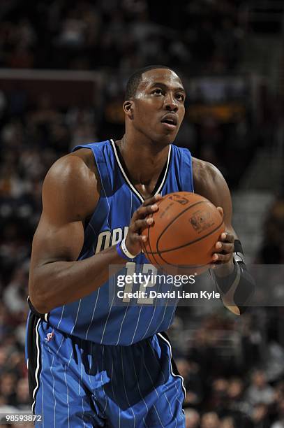 Dwight Howard of the Orlando Magic sets up for a free throw against the Cleveland Cavaliers during the game on April 11, 2010 at Quicken Loans Arena...