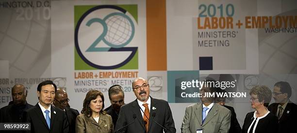 Argentina Labor Minister Carlos Tomada speaks during a press conference with other foriegn labor ministers at the conclusion of the G20 Labor and...