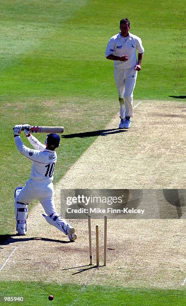 Warren Hegg of Lancashire is bowled for 31 by Greg Smith of Nottinghamshire in the Benson &Hedges Cup match at Trent Bridge. Lancs reached 203 by the...