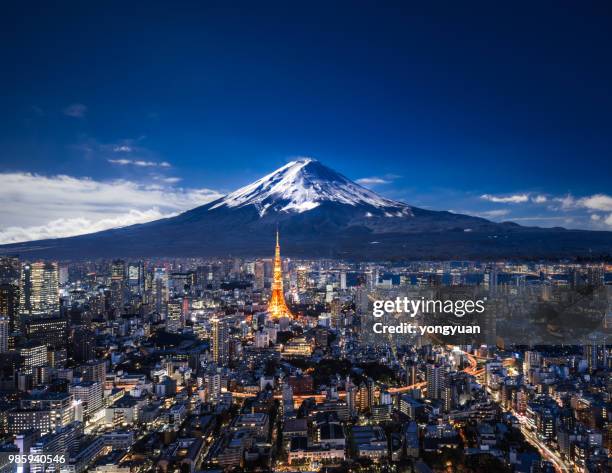 mt. fuji en tokyo skyline in de nacht - fuji stockfoto's en -beelden