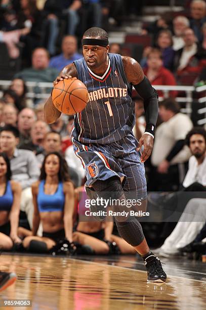 Stephen Jackson of the Charlotte Bobcats dribbles the ball upcourt against the Chicago Bulls during the game at United Center on April 3, 2010 in...