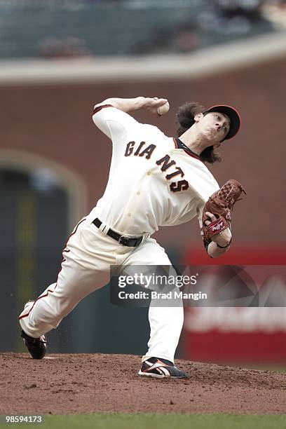 San Francisco Giants Tim Lincecum in action, pitching vs Atlanta Braves. San Francisco, CA 4/11/2010 CREDIT: Brad Mangin