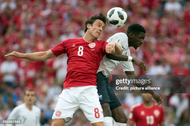 June 2018, Russia, Moscow, Soccer, FIFA World Cup 2018, Group C, Matchday 3 of 3 at Luzshniki Stadium: Thomas Delaney from Danmark and Ousmane...