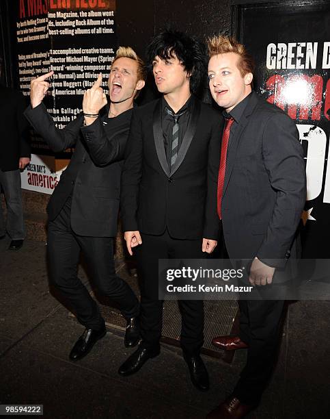 Mike Dirnt, Billie Joe Armstrong and Tre Cool of Green Day attends the opening of "American Idiot" on Broadway at the St. James Theatre on April 20,...