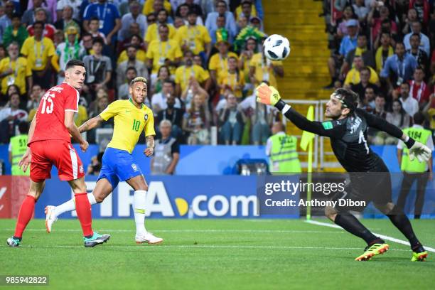 Neymar Jr of Brazil misses his chance during the FIFA World Cup Group E match between Serbia and Brazil on June 27, 2018 in Moscow, Russia.