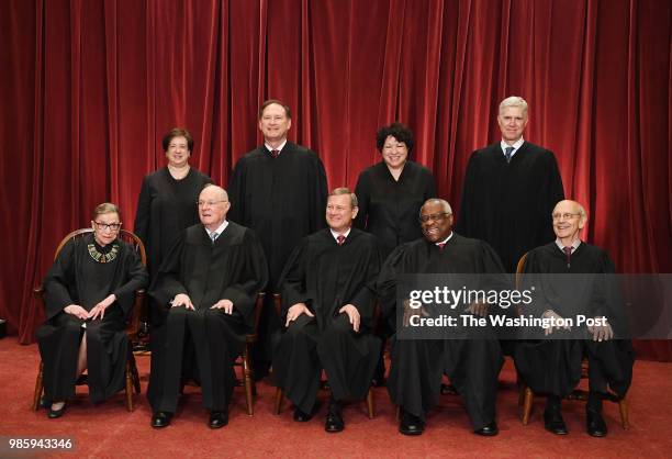 Seated from left, Associate Justice Ruth Bader Ginsburg, Associate Justice Anthony M. Kennedy, Chief Justice of the United States John G. Roberts,...