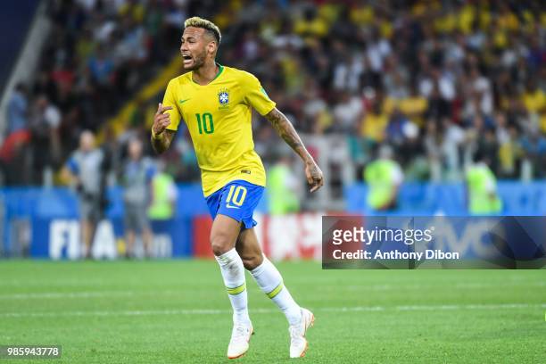 Neymar Jr of Brazil reacts during the FIFA World Cup Group E match between Serbia and Brazil on June 27, 2018 in Moscow, Russia.