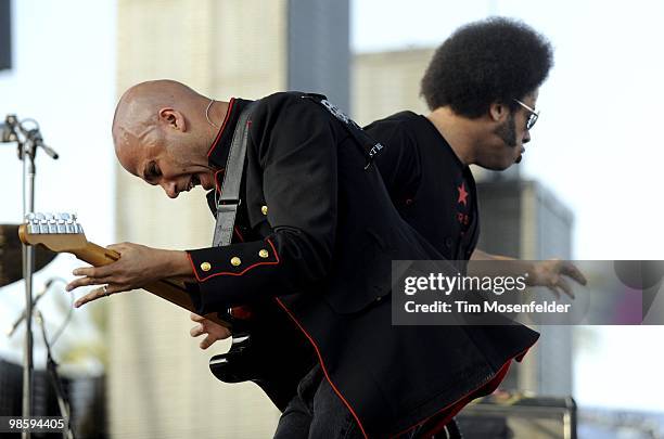 Tom Morello and Boots Riley of Street Sweeper Social Club perform as part of the Coachella Valley Music and Arts Festival at the Empire Polo Fields...