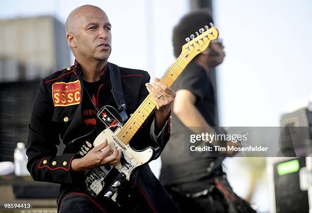 Tom Morello and Boots Riley of Street Sweeper Social Club perform as part of the Coachella Valley Music and Arts Festival at the Empire Polo Fields...