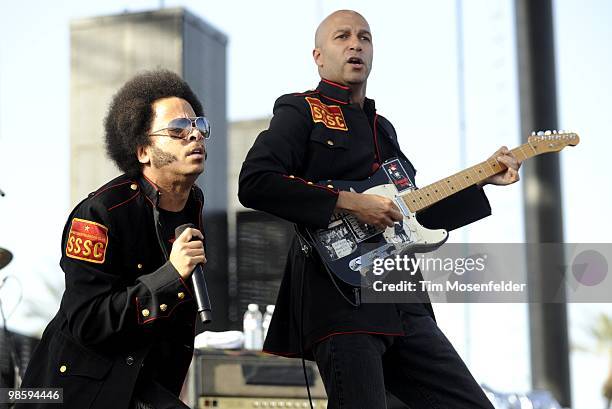 Boots Riley and Tom Morello of Street Sweeper Social Club perform as part of the Coachella Valley Music and Arts Festival at the Empire Polo Fields...