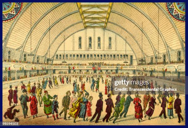 Lithographers in Philadelphia promote the city's roller skating rink with this trade card, ca. 1885.
