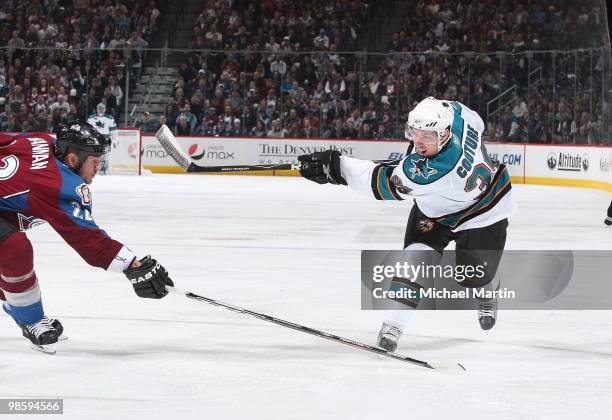 Logan Couture of the San Jose Sharks shoots against the Colorado Avalanche in game Four of the Western Conference Quarterfinals during the 2010 NHL...