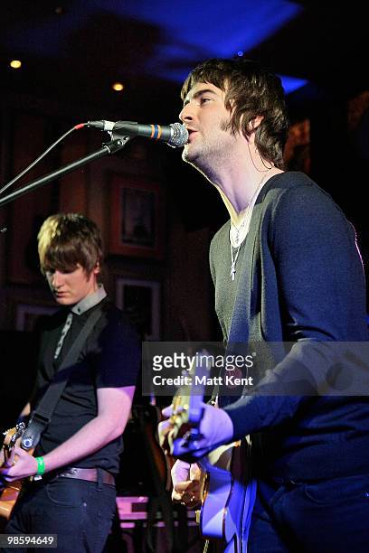 Daniel Conan Moores and Liam Fray of The Courteeners performs as part of Q The Music Club at Hard Rock Cafe, Old Park Lane on April 21, 2010 in...