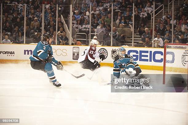 Colorado Avalanche Chris Stewart in action, scoring goal vs San Jose Sharks goalie Evgeni Nabokov and Douglas Murray . San Jose, CA 4/16/2010 CREDIT:...