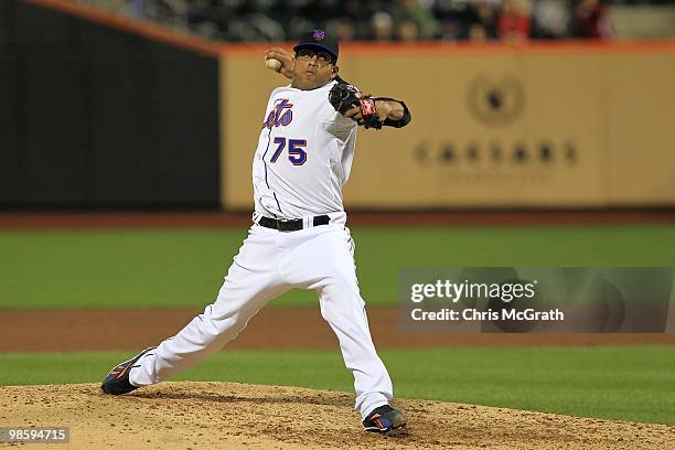 Francisco Rodriguez of the New York Mets pitches against the Chicago Cubs on April 20, 2010 at Citi Field in the Flushing neighborhood of the Queens...