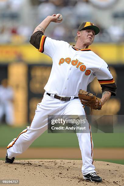 Mat Latos of the San Diego Padres pitches on Jackie Robinson Throwback Thursday against the Atlanta Braves at Petco Park on Thursday, April 15, 2010...