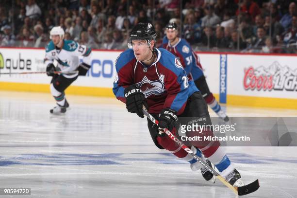 Paul Stastny of the Colorado Avalanche skates against the San Jose Sharks in game Four of the Western Conference Quarterfinals during the 2010 NHL...