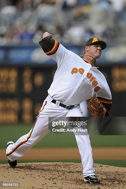 Mat Latos of the San Diego Padres pitches on Jackie Robinson Throwback Thursday against the Atlanta Braves at Petco Park on Thursday, April 15, 2010...