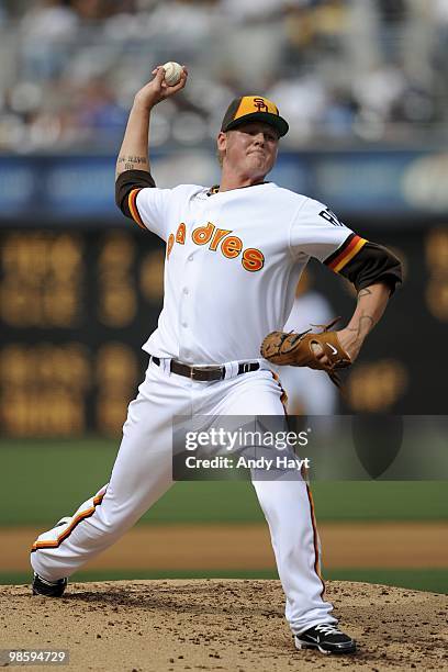 Mat Latos of the San Diego Padres pitches on Jackie Robinson Throwback Thursday against the Atlanta Braves at Petco Park on Thursday, April 15, 2010...