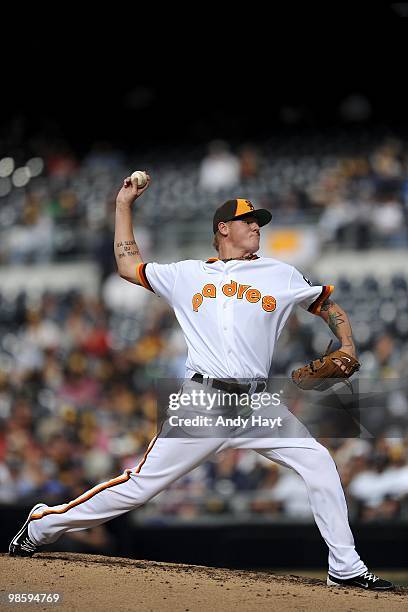 Mat Latos of the San Diego Padres pitches on Jackie Robinson Throwback Thursday against the Atlanta Braves at Petco Park on Thursday, April 15, 2010...