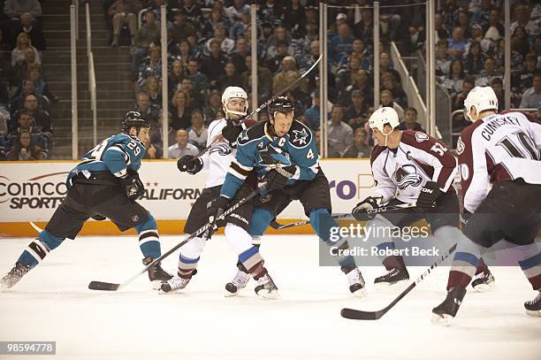 San Jose Sharks Rob Blake in action vs Colorado Avalanche T.J. Galiardi . San Jose, CA 4/16/2010 CREDIT: Robert Beck
