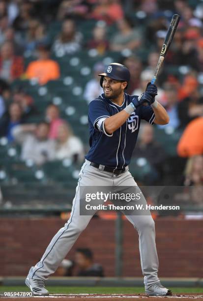 Eric Hosmer of the San Diego Padres bats against the San Francisco Giants in the top of the first inning at AT&T Park on June 22, 2018 in San...