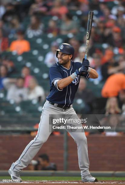 Eric Hosmer of the San Diego Padres bats against the San Francisco Giants in the top of the first inning at AT&T Park on June 22, 2018 in San...