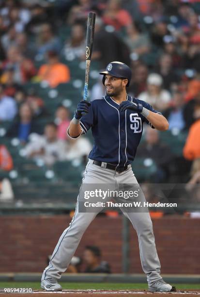 Eric Hosmer of the San Diego Padres bats against the San Francisco Giants in the top of the first inning at AT&T Park on June 22, 2018 in San...