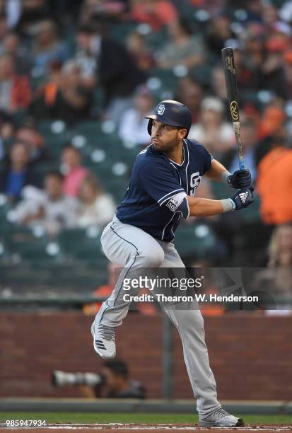 Eric Hosmer of the San Diego Padres bats against the San Francisco Giants in the top of the first inning at AT&T Park on June 22, 2018 in San...