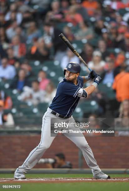 Eric Hosmer of the San Diego Padres bats against the San Francisco Giants in the top of the first inning at AT&T Park on June 22, 2018 in San...