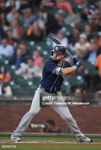 Eric Hosmer of the San Diego Padres bats against the San Francisco Giants in the top of the first inning at AT&T Park on June 22, 2018 in San...