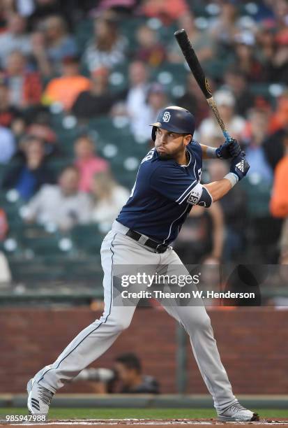 Eric Hosmer of the San Diego Padres bats against the San Francisco Giants in the top of the first inning at AT&T Park on June 22, 2018 in San...