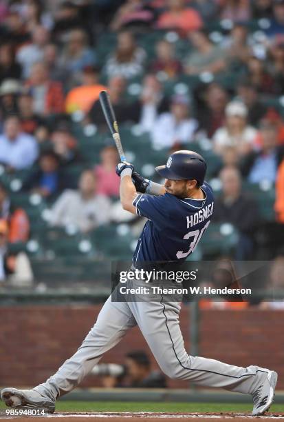 Eric Hosmer of the San Diego Padres bats against the San Francisco Giants in the top of the first inning at AT&T Park on June 22, 2018 in San...