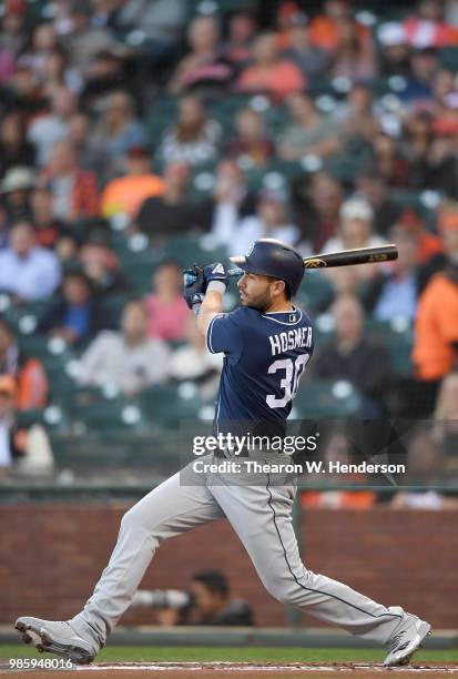 Eric Hosmer of the San Diego Padres bats against the San Francisco Giants in the top of the first inning at AT&T Park on June 22, 2018 in San...