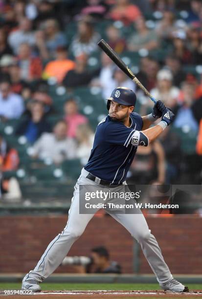 Eric Hosmer of the San Diego Padres bats against the San Francisco Giants in the top of the first inning at AT&T Park on June 22, 2018 in San...