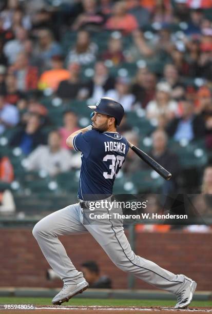 Eric Hosmer of the San Diego Padres bats against the San Francisco Giants in the top of the first inning at AT&T Park on June 22, 2018 in San...