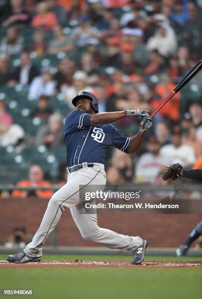 Jose Pirela of the San Diego Padres bats against the San Francisco Giants in the top of the first inning at AT&T Park on June 22, 2018 in San...