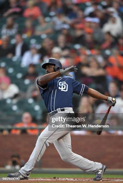 Jose Pirela of the San Diego Padres bats against the San Francisco Giants in the top of the first inning at AT&T Park on June 22, 2018 in San...