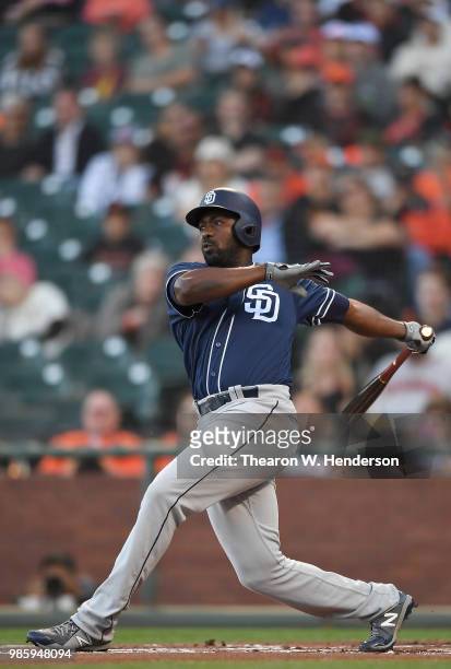 Jose Pirela of the San Diego Padres bats against the San Francisco Giants in the top of the first inning at AT&T Park on June 22, 2018 in San...