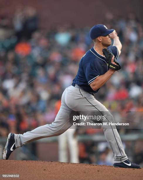 Clayton Richard of the San Diego Padres pitches against the San Francisco Giants in the bottom of the first inning at AT&T Park on June 22, 2018 in...