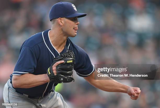 Clayton Richard of the San Diego Padres pitches against the San Francisco Giants in the bottom of the first inning at AT&T Park on June 22, 2018 in...