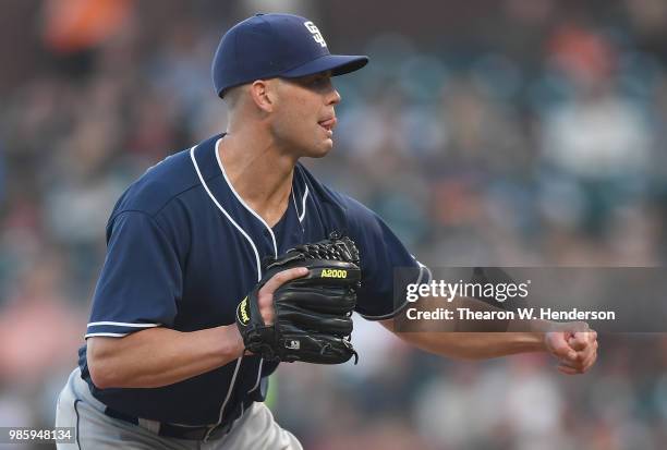 Clayton Richard of the San Diego Padres pitches against the San Francisco Giants in the bottom of the first inning at AT&T Park on June 22, 2018 in...