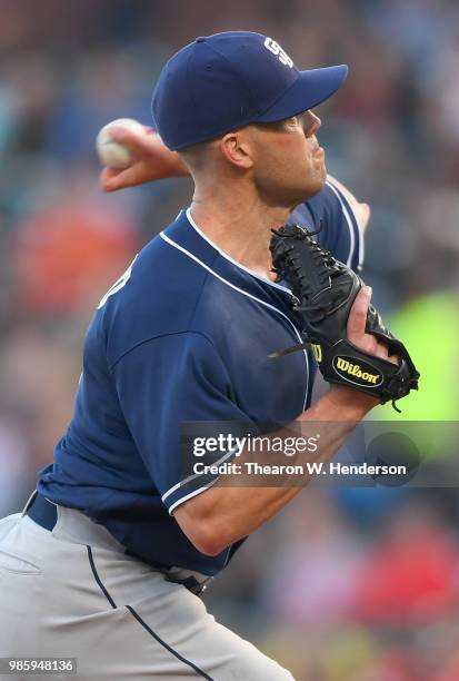 Clayton Richard of the San Diego Padres pitches against the San Francisco Giants in the bottom of the first inning at AT&T Park on June 22, 2018 in...