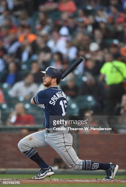 Cory Spangenberg of the San Diego Padres hits a double against the San Francisco Giants in the top of the second inning at AT&T Park on June 22, 2018...