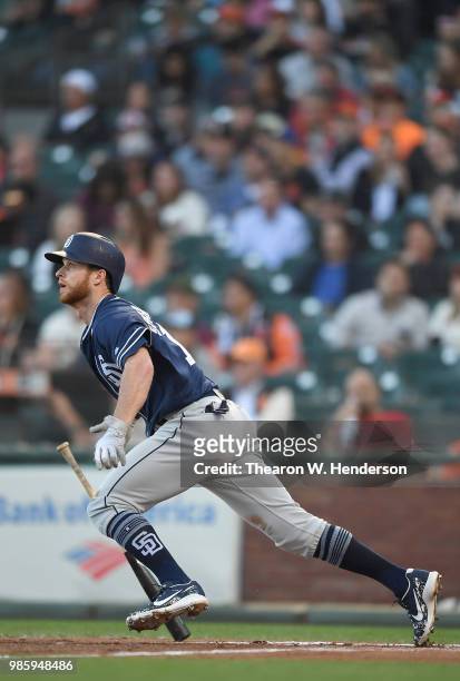 Cory Spangenberg of the San Diego Padres hits a double against the San Francisco Giants in the top of the second inning at AT&T Park on June 22, 2018...